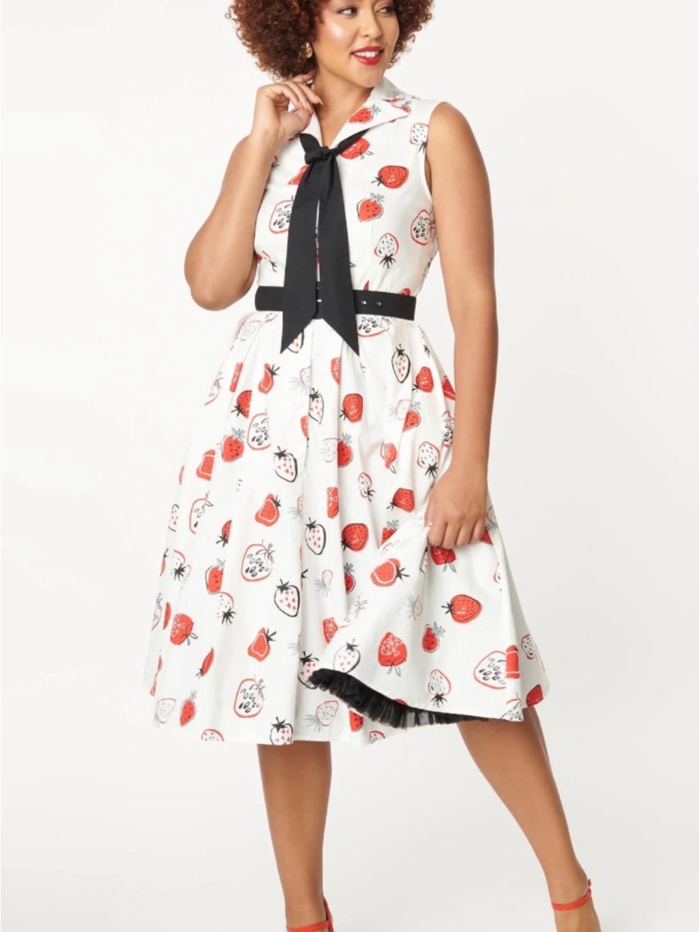 Unique Vintage White Strawberry Print Fit-and-Flare Dress with Black Tie